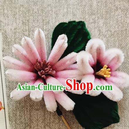 China Classical Hair Stick Handmade Hair Accessories Traditional Pink Velvet Flowers Hairpin