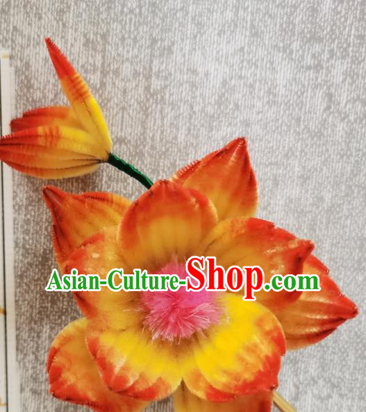 China Classical Velvet Hair Stick Handmade Hair Accessories Traditional Cheongsam Orange Lotus Hairpin