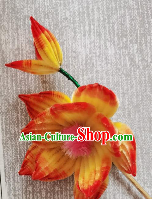 China Classical Velvet Hair Stick Handmade Hair Accessories Traditional Cheongsam Orange Lotus Hairpin