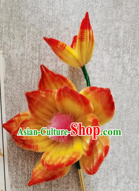 China Classical Velvet Hair Stick Handmade Hair Accessories Traditional Cheongsam Orange Lotus Hairpin
