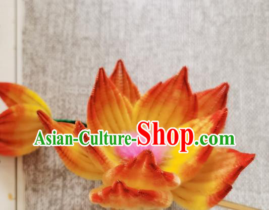 China Classical Velvet Hair Stick Handmade Hair Accessories Traditional Cheongsam Orange Lotus Hairpin