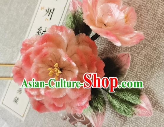 China Classical Velvet Flowers Hair Stick Handmade Hair Accessories Traditional Cheongsam Pink Peony Hairpin