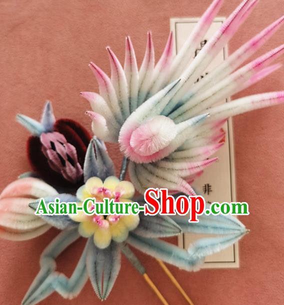 China Traditional Cheongsam Velvet Chrysanthemum Hairpin Handmade Hair Accessories Classical Phoenix Hair Stick