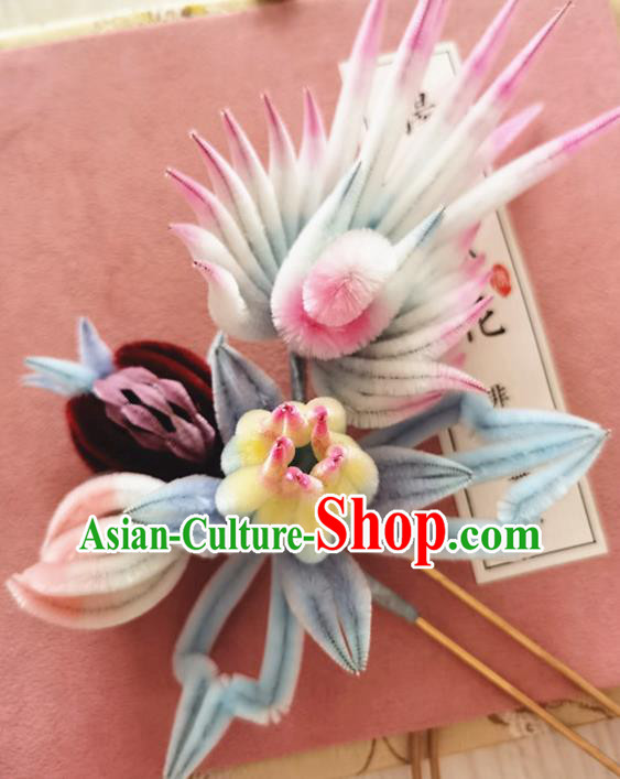 China Traditional Cheongsam Velvet Chrysanthemum Hairpin Handmade Hair Accessories Classical Phoenix Hair Stick