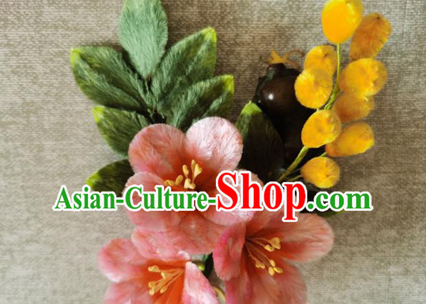 China Handmade Hair Accessories Classical Pink Flowers Hair Stick Traditional Cheongsam Velvet Hairpin