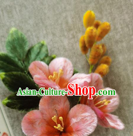 China Handmade Hair Accessories Classical Pink Flowers Hair Stick Traditional Cheongsam Velvet Hairpin