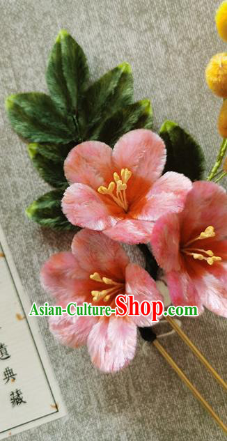 China Handmade Hair Accessories Classical Pink Flowers Hair Stick Traditional Cheongsam Velvet Hairpin