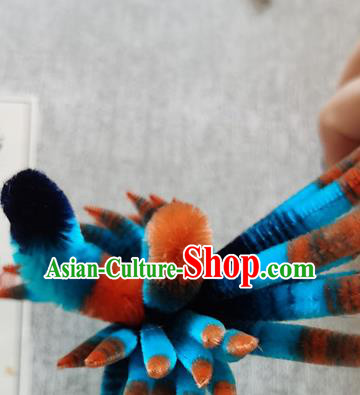 China Classical Blue Phoenix Hair Stick Traditional Cheongsam Velvet Hairpin Handmade Hair Accessories