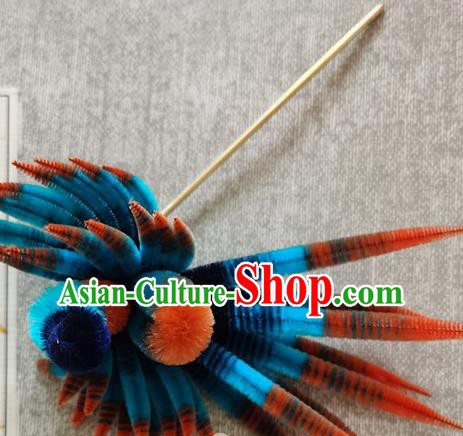 China Classical Blue Phoenix Hair Stick Traditional Cheongsam Velvet Hairpin Handmade Hair Accessories