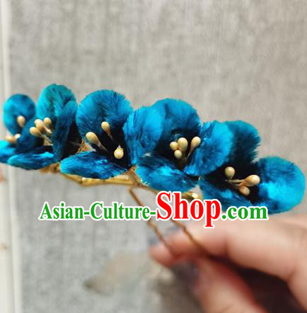 China Traditional Cheongsam Blue Velvet Flowers Hairpin Handmade Hair Accessories Classical Hair Stick