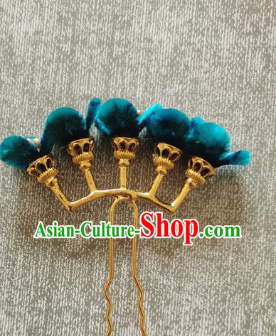 China Traditional Cheongsam Blue Velvet Flowers Hairpin Handmade Hair Accessories Classical Hair Stick