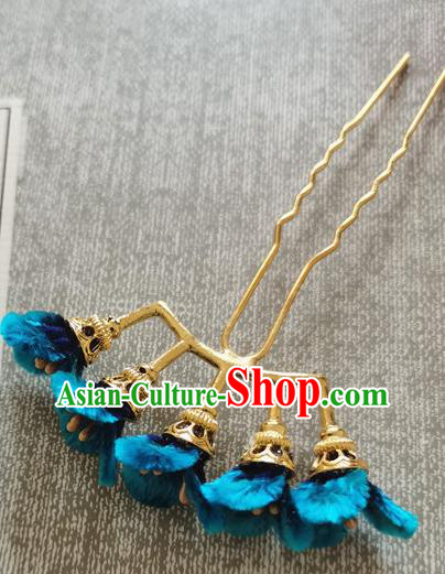 China Traditional Cheongsam Blue Velvet Flowers Hairpin Handmade Hair Accessories Classical Hair Stick