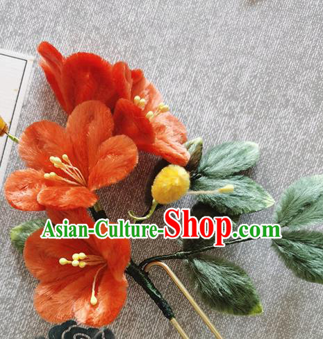 China Traditional Cheongsam Velvet Hairpin Handmade Hair Accessories Classical Red Flowers Hair Stick