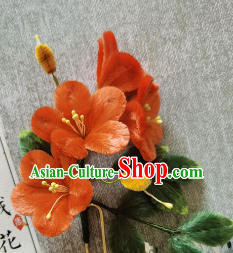 China Traditional Cheongsam Velvet Hairpin Handmade Hair Accessories Classical Red Flowers Hair Stick