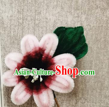 China Traditional Cheongsam Velvet Hairpin Handmade Hair Accessories Classical Pink Flowers Hair Stick
