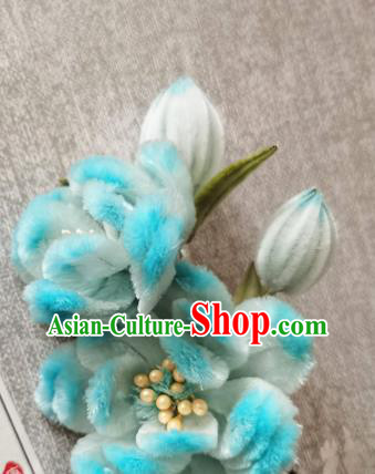 China Traditional Cheongsam Hairpin Handmade Hair Accessories Classical Blue Velvet Rose Hair Stick