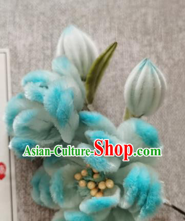 China Traditional Cheongsam Hairpin Handmade Hair Accessories Classical Blue Velvet Rose Hair Stick
