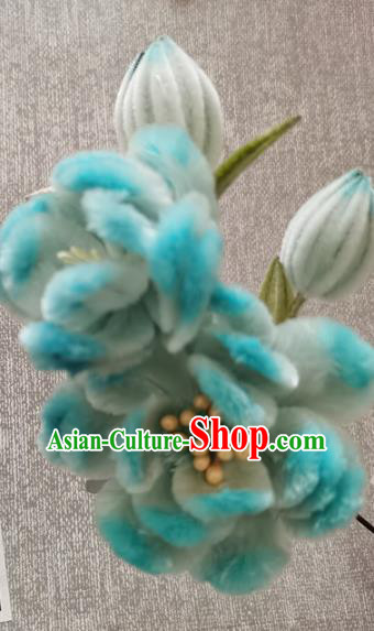 China Traditional Cheongsam Hairpin Handmade Hair Accessories Classical Blue Velvet Rose Hair Stick