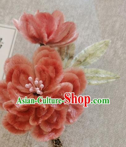 China Classical Flowers Hair Stick Traditional Ancient Princess Velvet Peach Blossom Hairpin