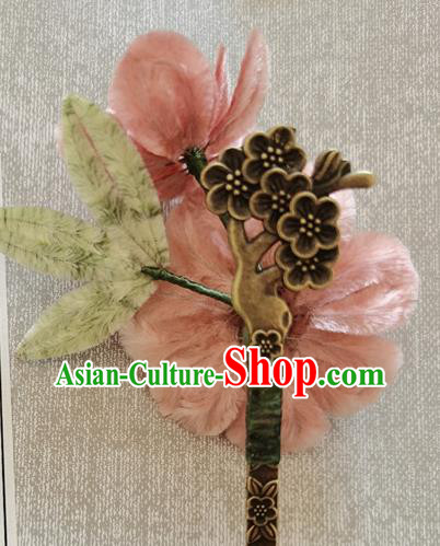 China Classical Flowers Hair Stick Traditional Ancient Princess Velvet Peach Blossom Hairpin