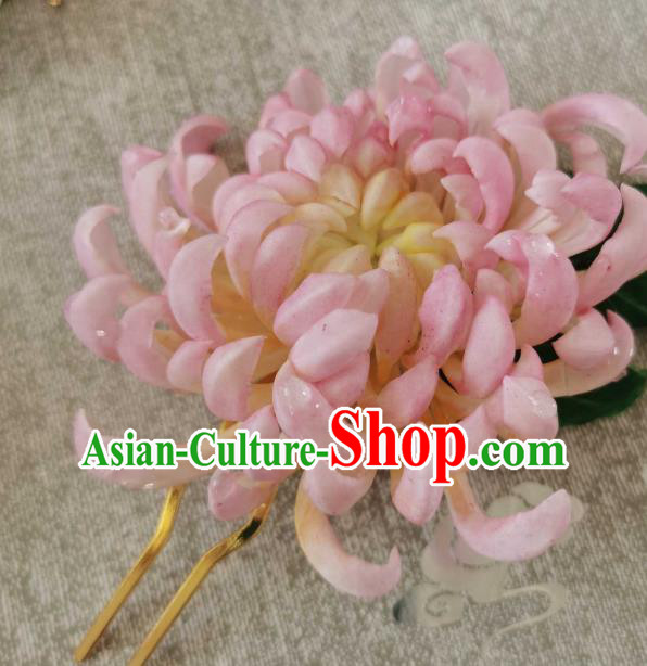 China Classical Pink Chrysanthemum Hair Stick Traditional Ancient Qing Dynasty Empress Hairpin