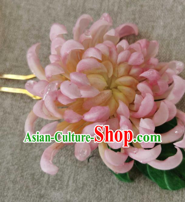 China Classical Pink Chrysanthemum Hair Stick Traditional Ancient Qing Dynasty Empress Hairpin