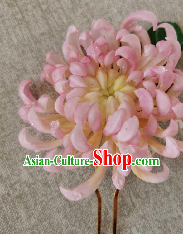 China Classical Pink Chrysanthemum Hair Stick Traditional Ancient Qing Dynasty Empress Hairpin