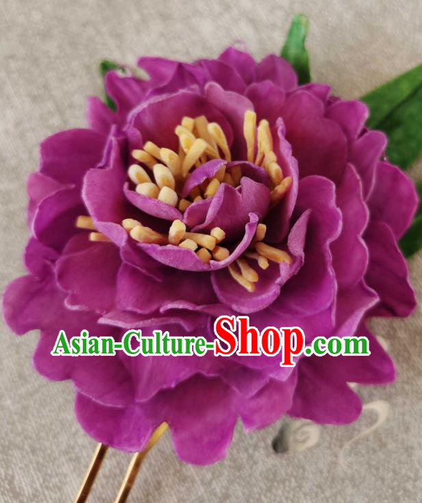 China Classical Purple Peony Hair Stick Traditional Ancient Tang Dynasty Court Woman Hairpin