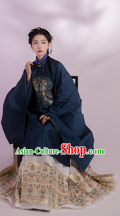 China Ming Dynasty Noble Woman Historical Clothing Ancient Patrician Female Navy Gown and Skirt Full Set