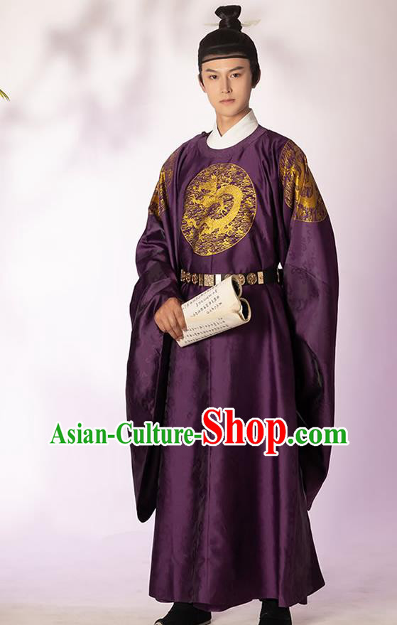 China Ming Dynasty Emperor Historical Clothing Ancient Royal Monarch Purple Imperial Robe for Men