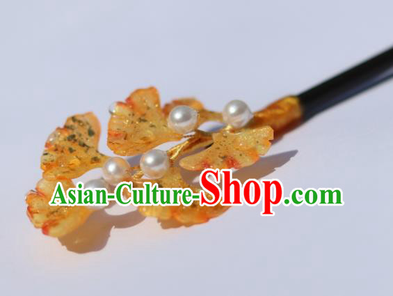China Classical Hanfu Ginkgo Leaf Hairpin Traditional Ancient Ming Dynasty Princess Wood Hair Stick