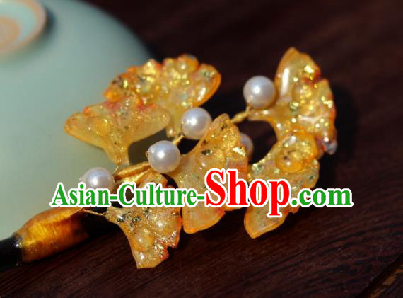 China Classical Hanfu Ginkgo Leaf Hairpin Traditional Ancient Ming Dynasty Princess Wood Hair Stick