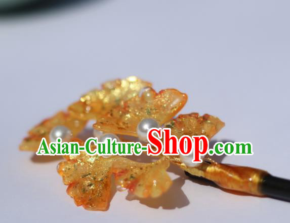 China Classical Hanfu Ginkgo Leaf Hairpin Traditional Ancient Ming Dynasty Princess Wood Hair Stick