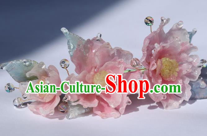 China Classical Hanfu Pink Peony Hairpin Traditional Ancient Ming Dynasty Princess Flowers Hair Stick