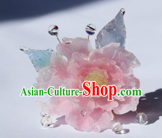 China Classical Hanfu Blue Leaf Hairpin Traditional Ancient Ming Dynasty Princess Peony Hair Stick