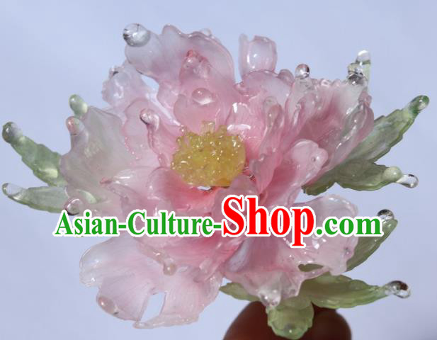 China Traditional Ancient Ming Dynasty Princess Peony Hair Stick Classical Hanfu Green Leaf Hairpin
