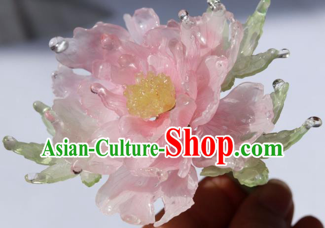 China Traditional Ancient Ming Dynasty Princess Peony Hair Stick Classical Hanfu Green Leaf Hairpin