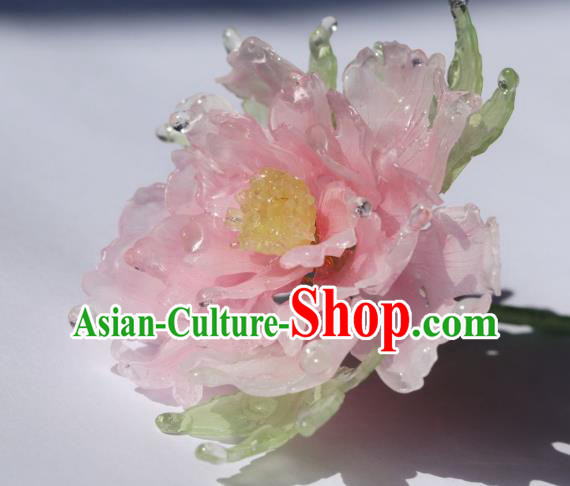 China Traditional Ancient Ming Dynasty Princess Peony Hair Stick Classical Hanfu Green Leaf Hairpin