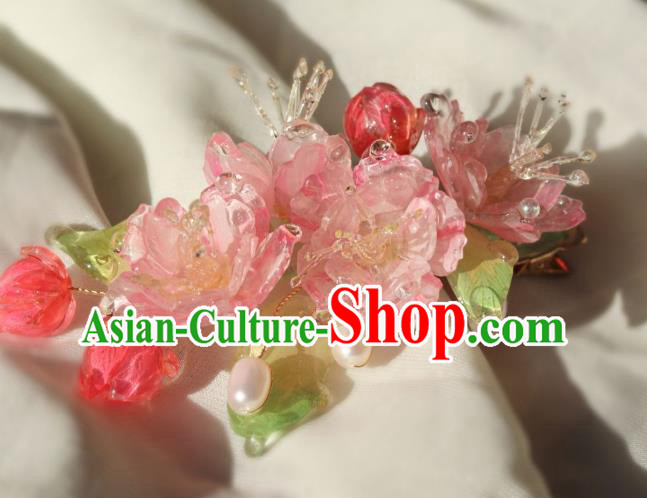 China Traditional Ancient Ming Dynasty Princess Pink Begonia Hair Stick Classical Hanfu Pearls Hairpin