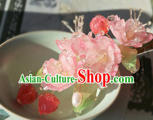 China Traditional Ancient Ming Dynasty Princess Pink Begonia Hair Stick Classical Hanfu Pearls Hairpin