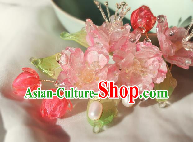 China Traditional Ancient Ming Dynasty Princess Pink Begonia Hair Stick Classical Hanfu Pearls Hairpin