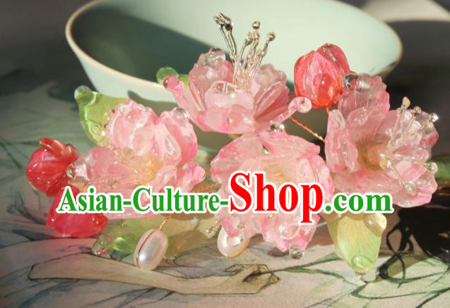 China Traditional Ancient Ming Dynasty Princess Pink Begonia Hair Stick Classical Hanfu Pearls Hairpin