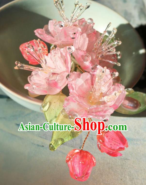 China Traditional Ancient Ming Dynasty Princess Pink Begonia Hair Stick Classical Hanfu Pearls Hairpin