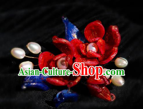 China Classical Hanfu Pearls Hairpin Traditional Red Camellia Hair Stick