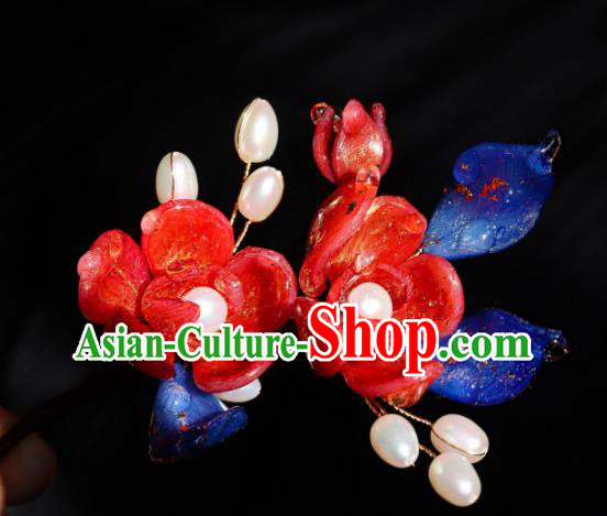 China Classical Hanfu Pearls Hairpin Traditional Red Camellia Hair Stick