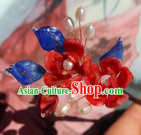 China Classical Hanfu Pearls Hairpin Traditional Red Camellia Hair Stick