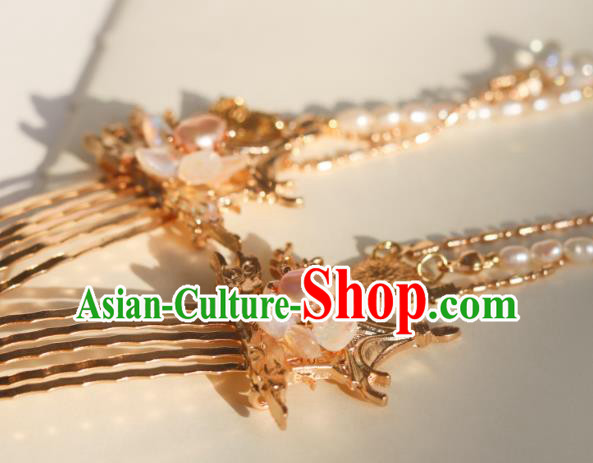 China Classical Hanfu Golden Hairpin Traditional Ming Dynasty Princess Pearls Tassel Hair Combs