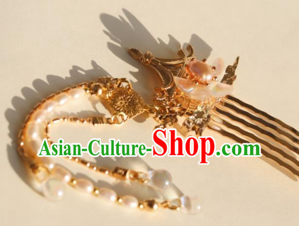 China Classical Hanfu Golden Hairpin Traditional Ming Dynasty Princess Pearls Tassel Hair Combs