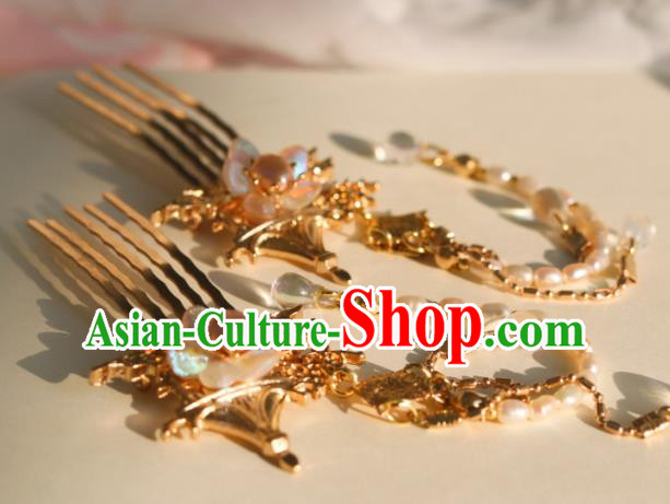 China Classical Hanfu Golden Hairpin Traditional Ming Dynasty Princess Pearls Tassel Hair Combs