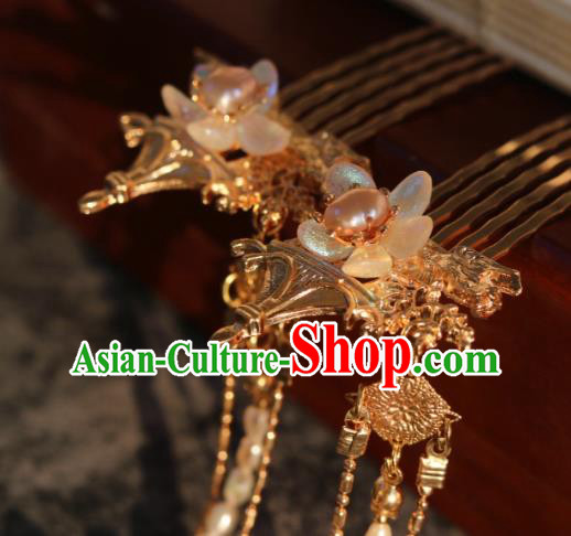 China Classical Hanfu Golden Hairpin Traditional Ming Dynasty Princess Pearls Tassel Hair Combs